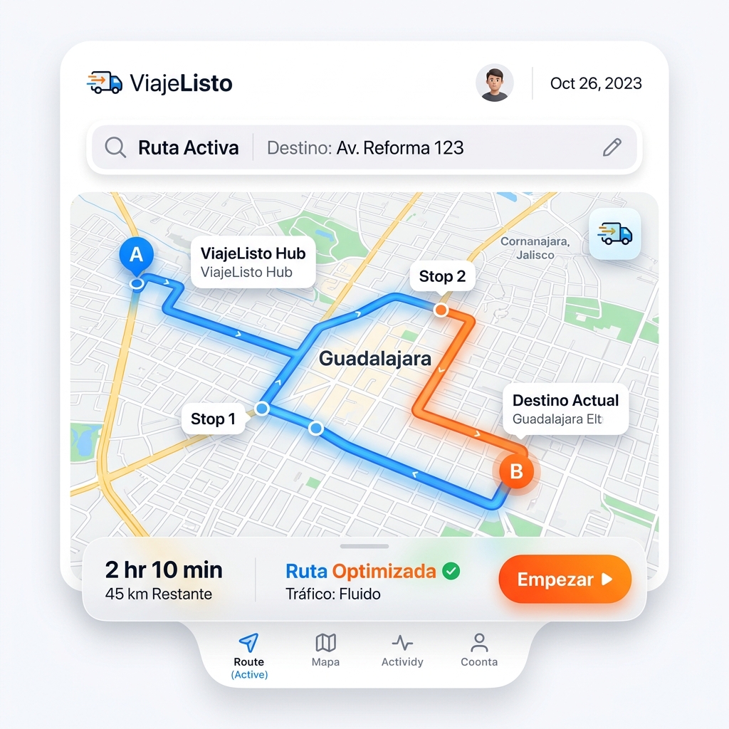 Interfaz de App ViajeListo mostrando navegación en 3D y optimización de rutas automáticas